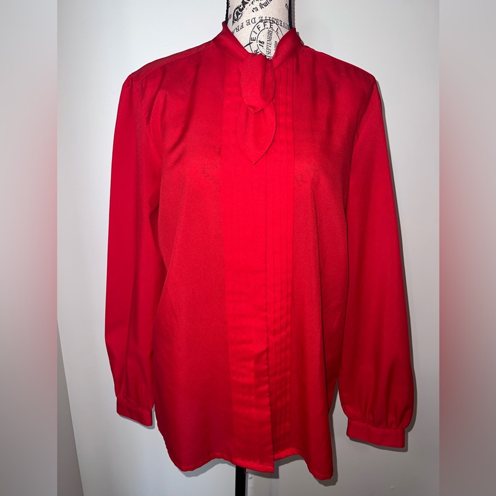 Alicia Red Tie Neck Bow Pleated Blouse Vintage Aesthetic Size 14 Tall